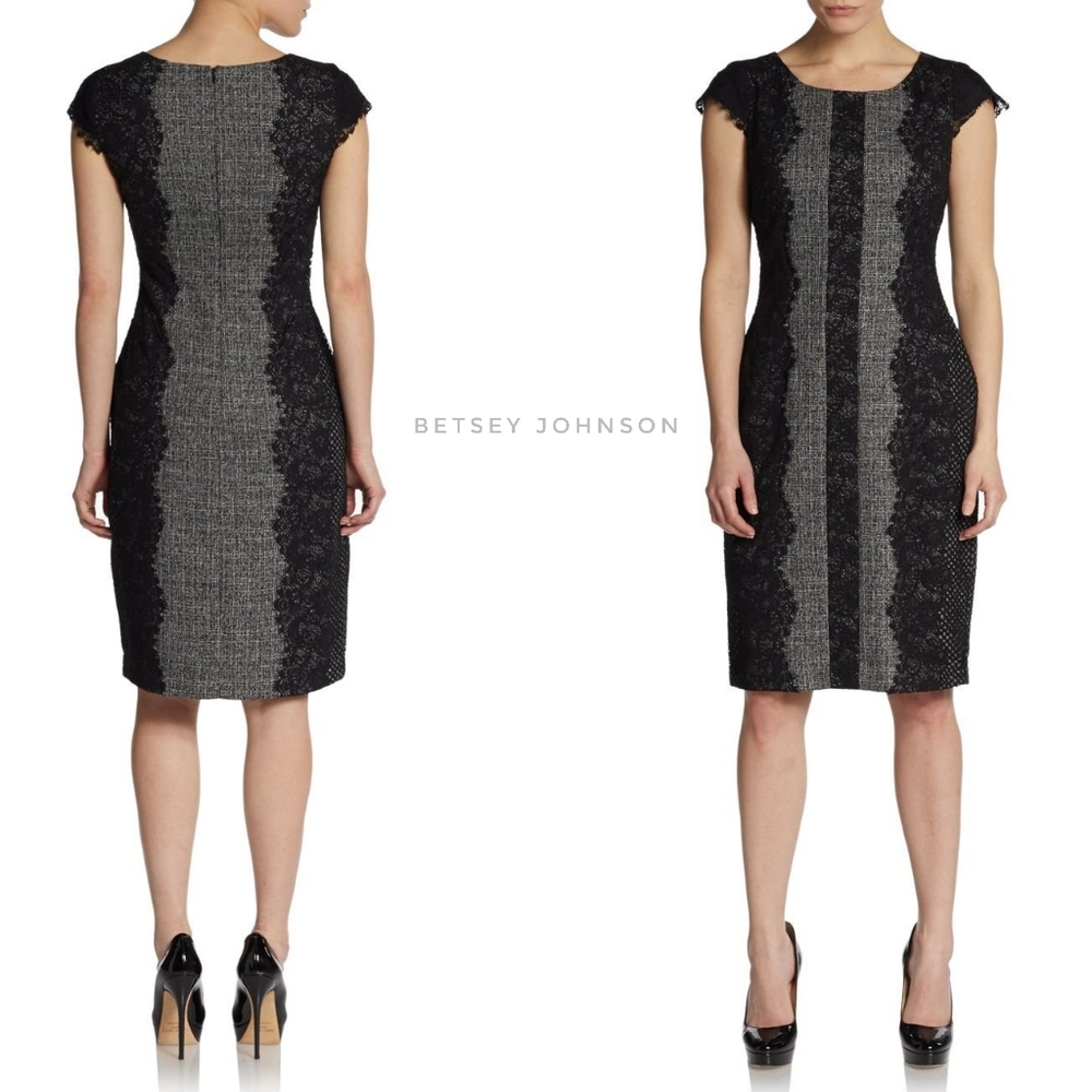 Betsey Johnson lace edge tweed sheath dress, size 14, like NEW, black & gray